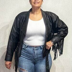 Belle Starr's Bootique Black Leather Cropped Vintage Fringe Moto Jacket Sz L